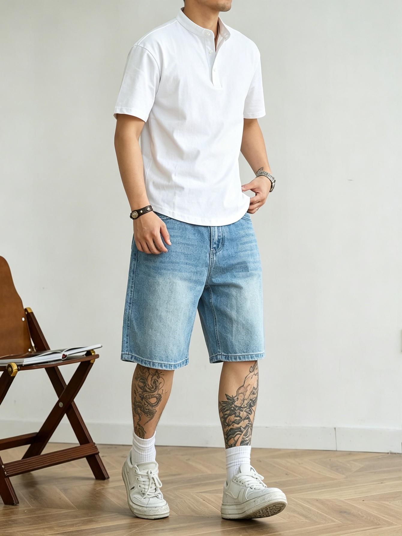 Korean Men Lifestyle - Pantalones cortos de mezclilla azules de